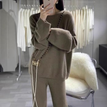 Ženski vuneni pleteni dvodijelni kostim s širokim hlačama – casual zimski stil 2024, dugi Raglan rukavi