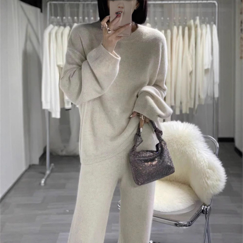Ženski vuneni pleteni dvodijelni kostim s širokim hlačama – casual zimski stil 2024, dugi Raglan rukavi
