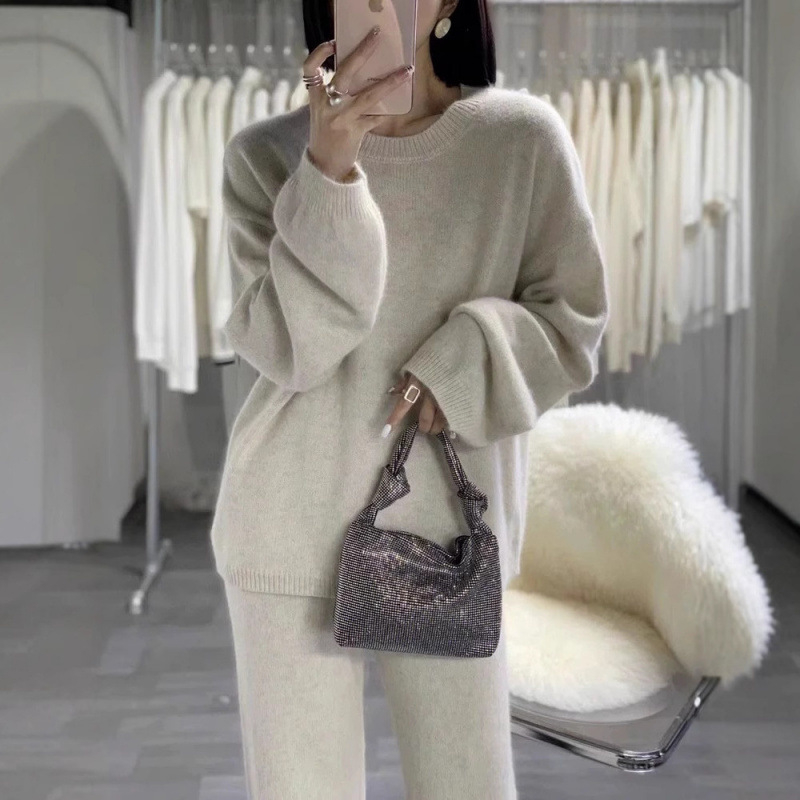 Ženski vuneni pleteni dvodijelni kostim s širokim hlačama – casual zimski stil 2024, dugi Raglan rukavi