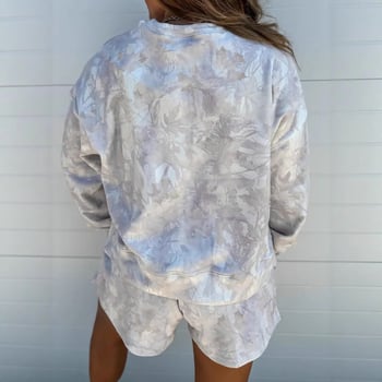 Női két részes casual öltöny absztrakt kockás mintával, hosszú ujjú felső és 3/4-es hosszúságú nadrág, poliészter-elasztán anyag