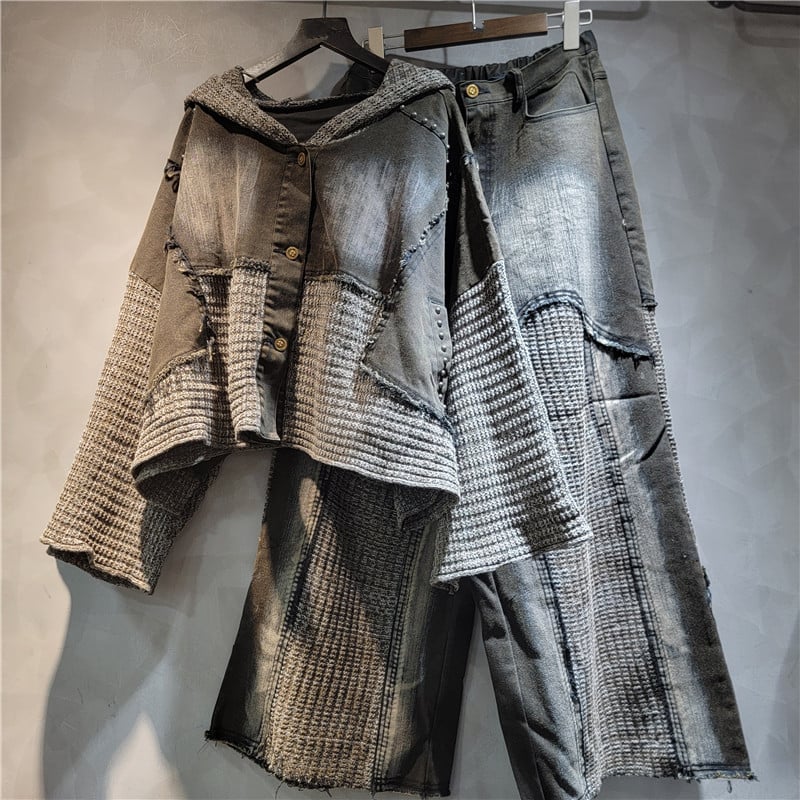 Ženski patchwork kardigan i hlače - dugi rukav, poliester pleteni materijal, jesen 2025