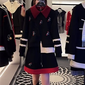 Casualni set s kardiganom, žakard tkanina, dugi rukavi, kratka suknja