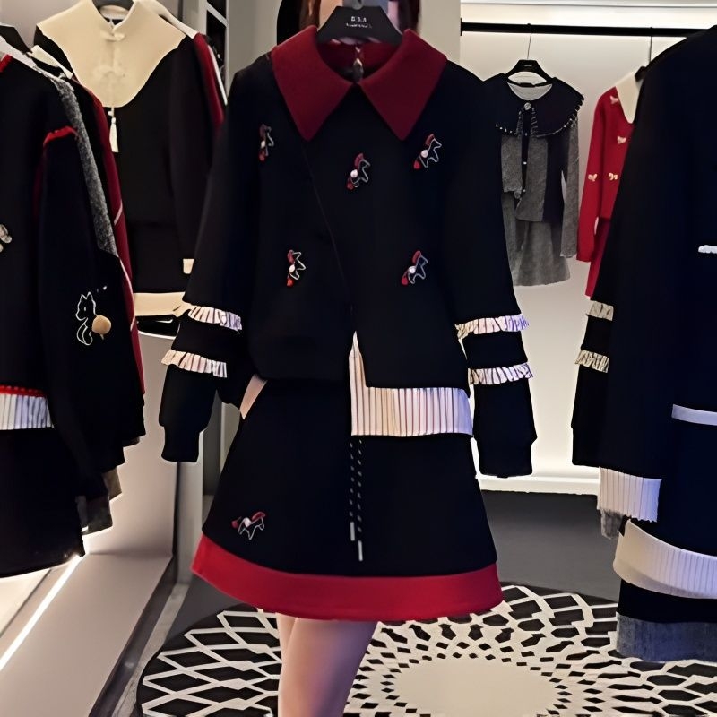 Casualni set s kardiganom, žakard tkanina, dugi rukavi, kratka suknja