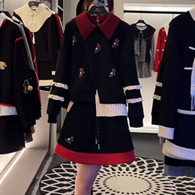 Casualni set s kardiganom, žakard tkanina, dugi rukavi, kratka suknja