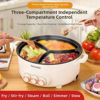 Električni lonac s tri odjeljka, kapacitet 6 L i više, snaga 1500 W+, unutarnji lonac s neprimjenkun premazom, upravljanje okretanjem gumba