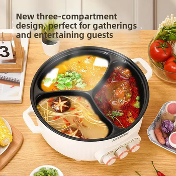 Električni lonac s tri odjeljka, kapacitet 6 L i više, snaga 1500 W+, unutarnji lonac s neprimjenkun premazom, upravljanje okretanjem gumba