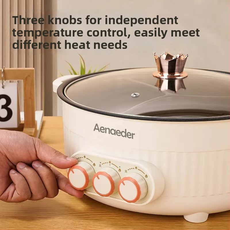 Električni lonac s tri odjeljka, kapacitet 6 L i više, snaga 1500 W+, unutarnji lonac s neprimjenkun premazom, upravljanje okretanjem gumba