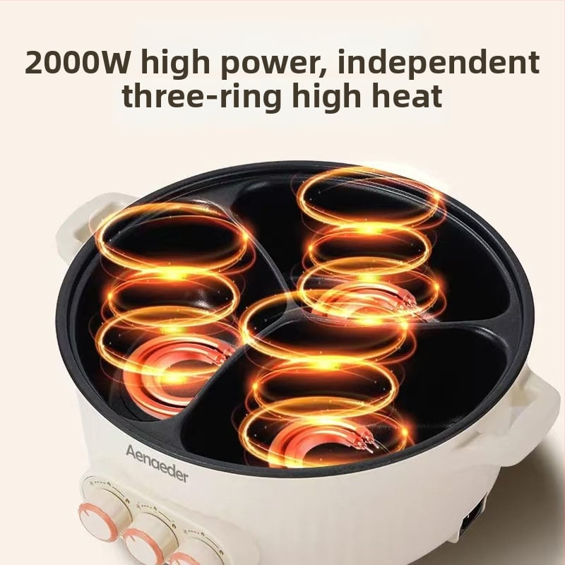 Električni lonac s tri odjeljka, kapacitet 6 L i više, snaga 1500 W+, unutarnji lonac s neprimjenkun premazom, upravljanje okretanjem gumba