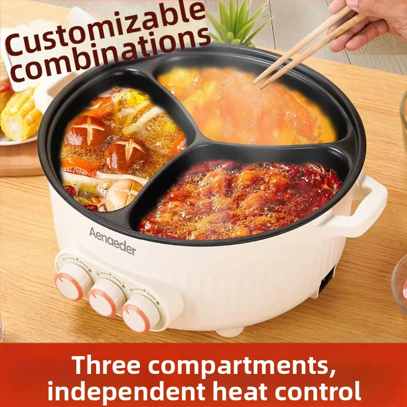 Električni lonac s tri odjeljka, kapacitet 6 L i više, snaga 1500 W+, unutarnji lonac s neprimjenkun premazom, upravljanje okretanjem gumba