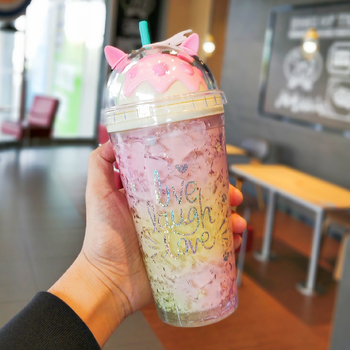 Чаша със сламка с двойнослойна изолация, градиентен дизайн, запазва студено, цилиндрична пластмасова чаша