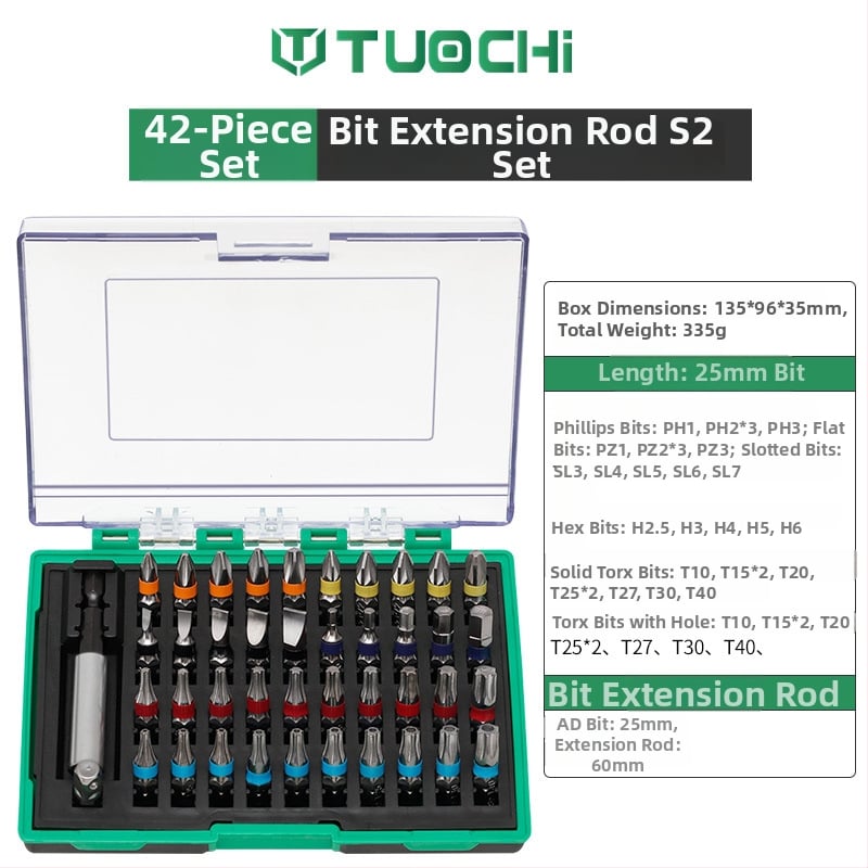 Σετ μπιτ για ηλεκτρικό κατσαβίδι Tuochi, από S2 κράμα εργαλείων χάλυβα, μη μαγνητικό, περιλαμβάνει πλήρες σετ μπιτ