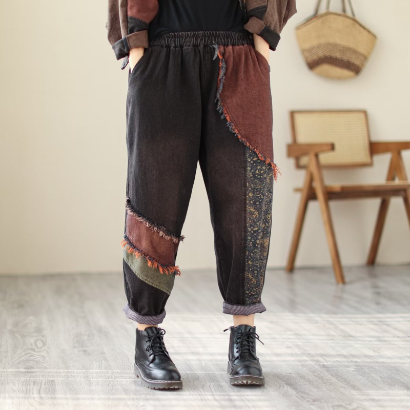 Ženski džins kostim s hlačama, uzorak usklađivanja boja, patchwork šivanje, pamuk, dugi rukavi, jesen 2024
