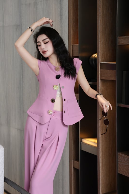 Ljetni ženski elegantni dvodijelni set: bez rukava top s definiranom strukom i drapiranim širokim hlačama