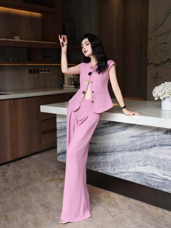 Ljetni ženski elegantni dvodijelni set: bez rukava top s definiranom strukom i drapiranim širokim hlačama