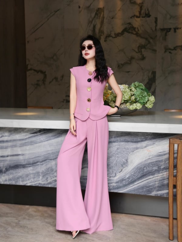 Ljetni ženski elegantni dvodijelni set: bez rukava top s definiranom strukom i drapiranim širokim hlačama