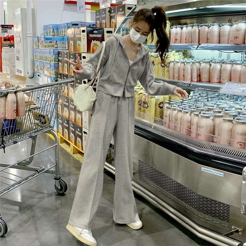 Ženski dvodijelni set s kapuljačom — kapuljačasta bluza i široke hlače, poliester, jesen-zima, korejski stil vrhunske kvalitete