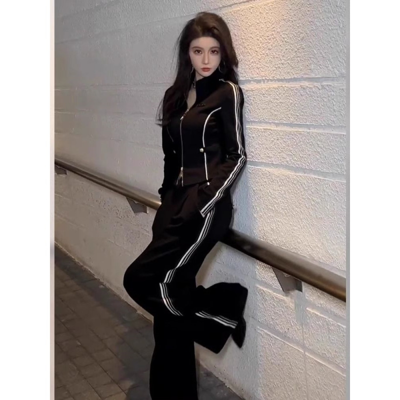 Set sportiv casual pentru femei din două piese: hanorac cu mânecă lungă și pantaloni cu croială largă, amestec poliester-spandex, senzație premium, vara 2025