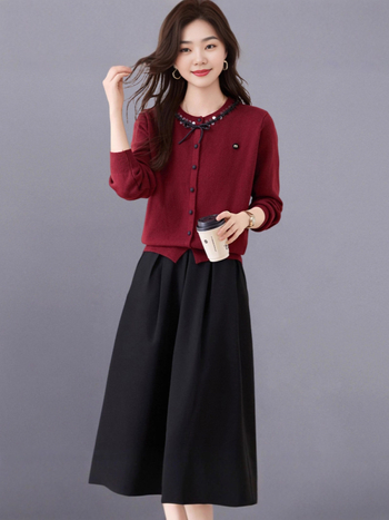 Ženski dvodijelni set: pleteni džemper i suknja – jesen 2025, poliester pletenina, elegantan uredski stil