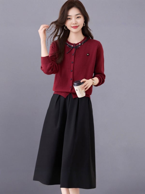 Ženski dvodijelni set: pleteni džemper i suknja – jesen 2025, poliester pletenina, elegantan uredski stil