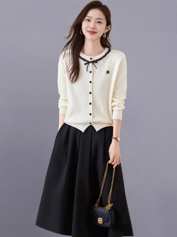 Ženski dvodijelni set: pleteni džemper i suknja – jesen 2025, poliester pletenina, elegantan uredski stil