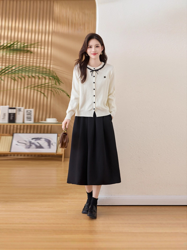 Ženski dvodijelni set: pleteni džemper i suknja – jesen 2025, poliester pletenina, elegantan uredski stil