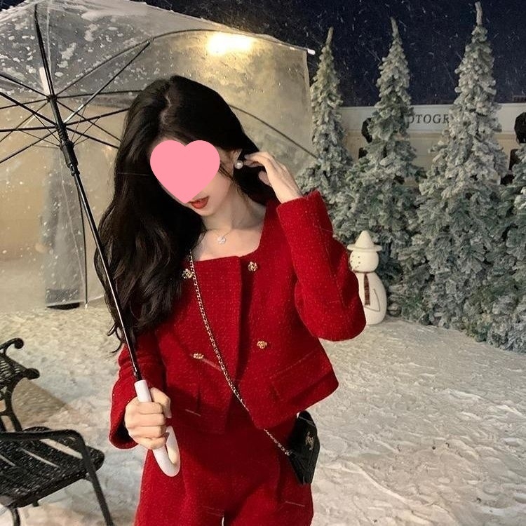 Ženski vuneni kostim s kvadratnim ovratnikom, korejski stil, proljeće 2025, hlače do tri četvrtine