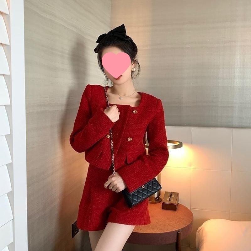 Ženski vuneni kostim s kvadratnim ovratnikom, korejski stil, proljeće 2025, hlače do tri četvrtine