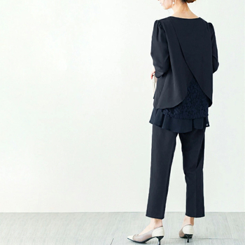 Compleu de damă cu top chiffon în panouri și pantaloni până la gleznă, poliester, mâneci 3/4, stil casual japonez-coreean, primăvara 2023