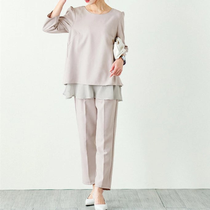 Compleu de damă cu top chiffon în panouri și pantaloni până la gleznă, poliester, mâneci 3/4, stil casual japonez-coreean, primăvara 2023