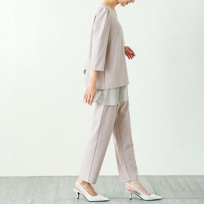 Compleu de damă cu top chiffon în panouri și pantaloni până la gleznă, poliester, mâneci 3/4, stil casual japonez-coreean, primăvara 2023