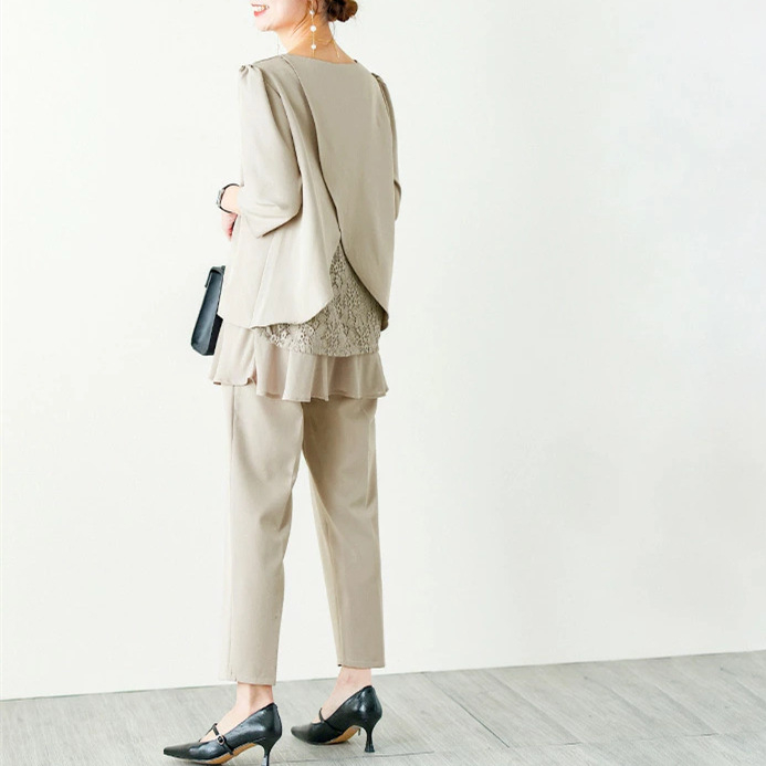 Compleu de damă cu top chiffon în panouri și pantaloni până la gleznă, poliester, mâneci 3/4, stil casual japonez-coreean, primăvara 2023