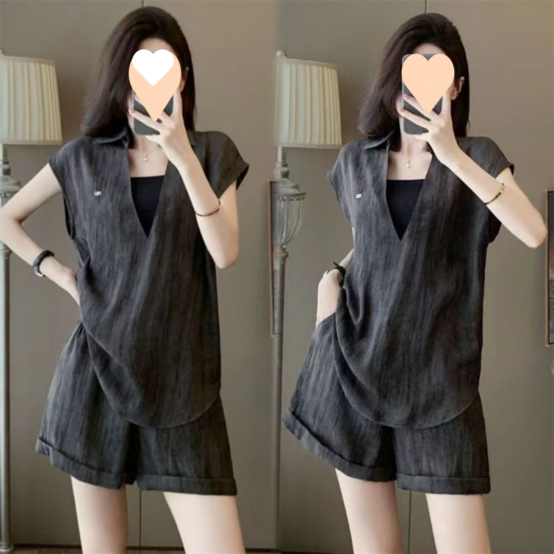 Női nyári két darabos szett ujjatlan felső és magas derekú rövidnadrág – városi elegáns casual, poliészter 90–95%