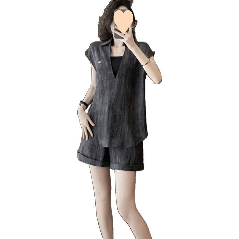 Női nyári két darabos szett ujjatlan felső és magas derekú rövidnadrág – városi elegáns casual, poliészter 90–95%