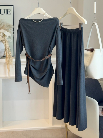 Set casual: Top cu umeri decupați și talie strânsă + fustă A-line midi, poliester uni, toamna 2025