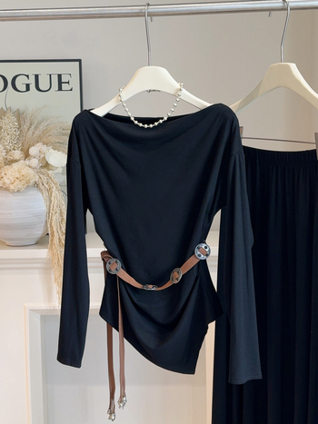 Set casual: Top cu umeri decupați și talie strânsă + fustă A-line midi, poliester uni, toamna 2025