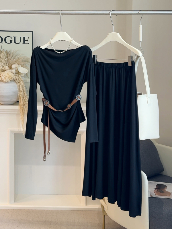 Set casual: Top cu umeri decupați și talie strânsă + fustă A-line midi, poliester uni, toamna 2025