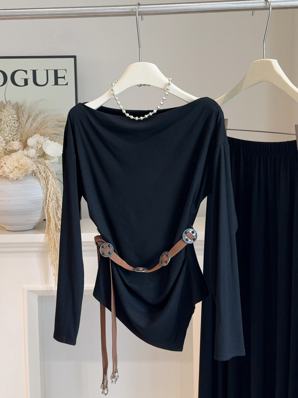 Set casual: Top cu umeri decupați și talie strânsă + fustă A-line midi, poliester uni, toamna 2025