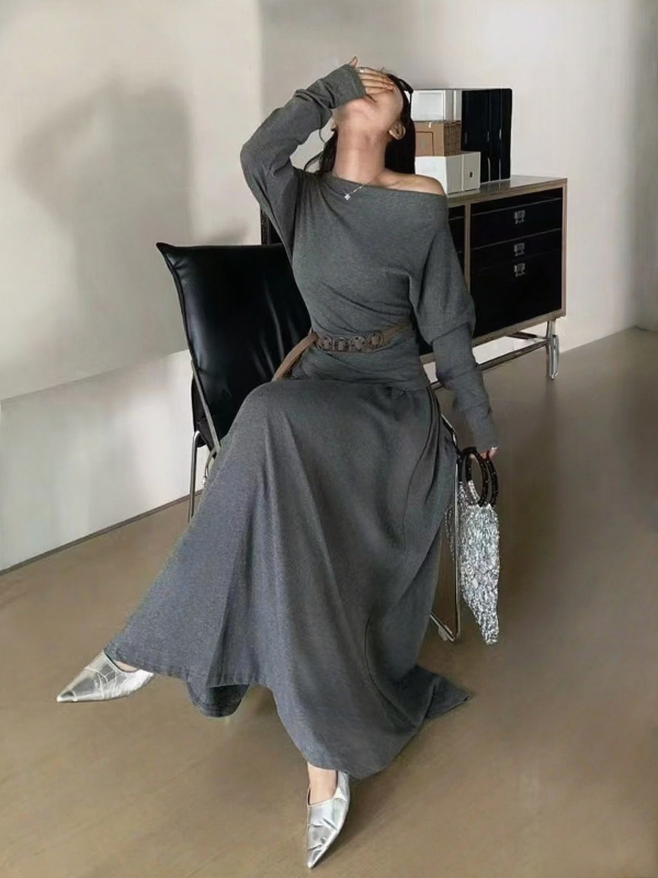 Set casual: Top cu umeri decupați și talie strânsă + fustă A-line midi, poliester uni, toamna 2025