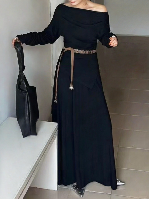 Set casual: Top cu umeri decupați și talie strânsă + fustă A-line midi, poliester uni, toamna 2025