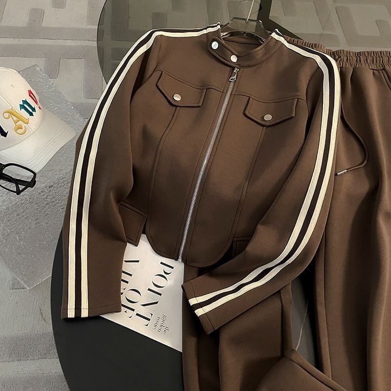 Set de două piese pentru femei, cu model geometric: top din sweatshirt și pantaloni largi, toamna 2025, stil britanic