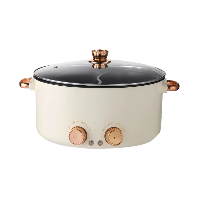 Hot pot electric antiaderent cu control independent al temperaturii, capacitate 4–5 L, corp din aluminiu, 220V, control cu buton rotativ, potrivit pentru 5–6 persoane