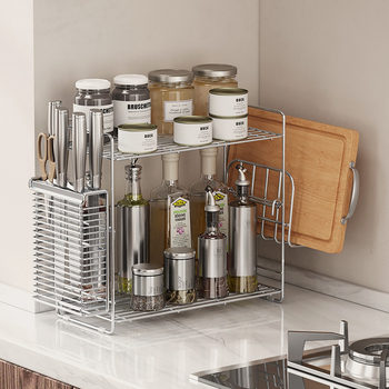 Raft de condimente din oțel inoxidabil 304 pentru colțul bucătăriei, organizator dublu nivel pe blat, fără găuri