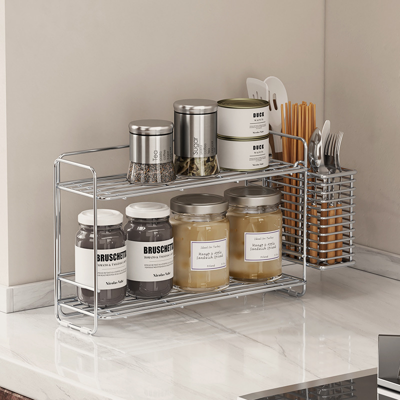 Raft de condimente din oțel inoxidabil 304 pentru colțul bucătăriei, organizator dublu nivel pe blat, fără găuri