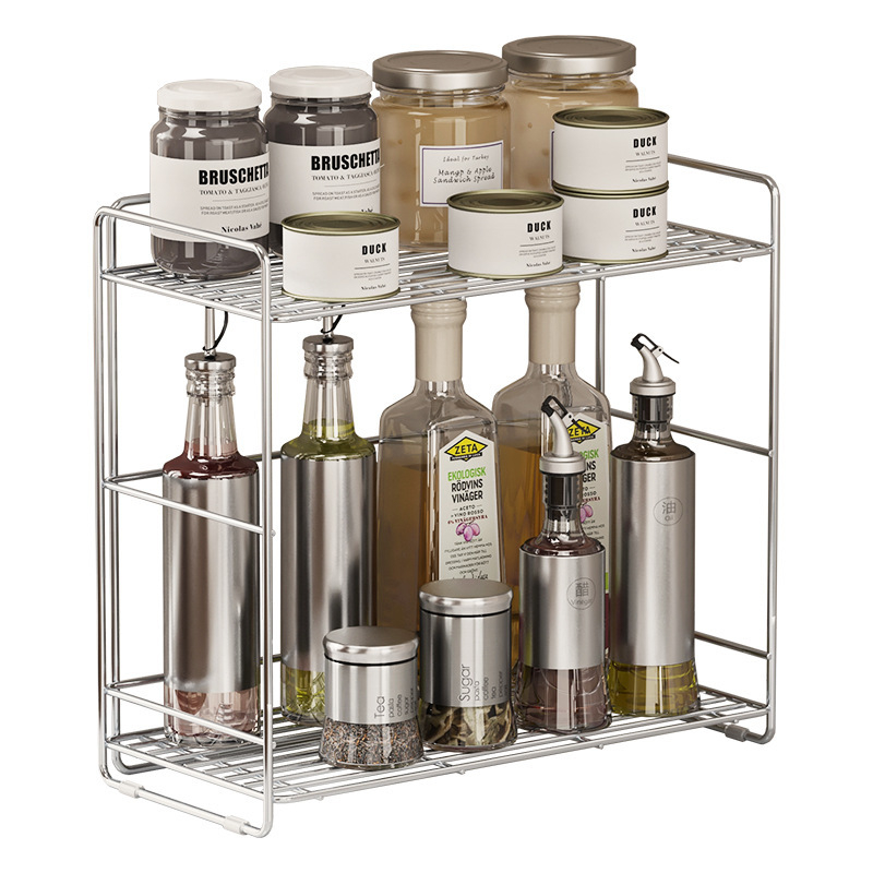 Raft de condimente din oțel inoxidabil 304 pentru colțul bucătăriei, organizator dublu nivel pe blat, fără găuri