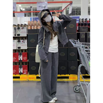 Ženski dvodijelni casual sportski komplet s kapuljačom-kardiganom i ravnim hlačama, poliester 90–95%, 3/4 rukavi