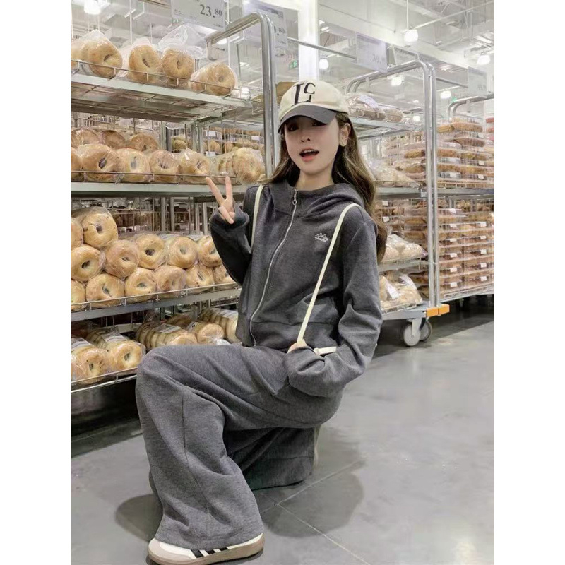 Ženski dvodijelni casual sportski komplet s kapuljačom-kardiganom i ravnim hlačama, poliester 90–95%, 3/4 rukavi