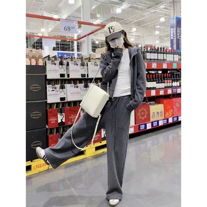 Ženski dvodijelni casual sportski komplet s kapuljačom-kardiganom i ravnim hlačama, poliester 90–95%, 3/4 rukavi