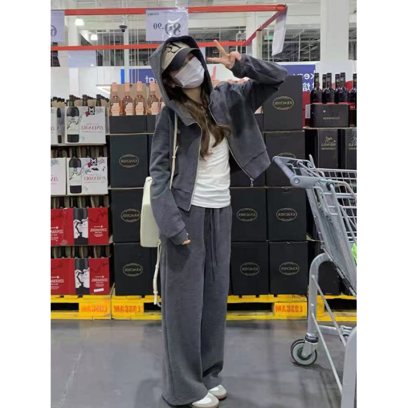 Ženski dvodijelni casual sportski komplet s kapuljačom-kardiganom i ravnim hlačama, poliester 90–95%, 3/4 rukavi