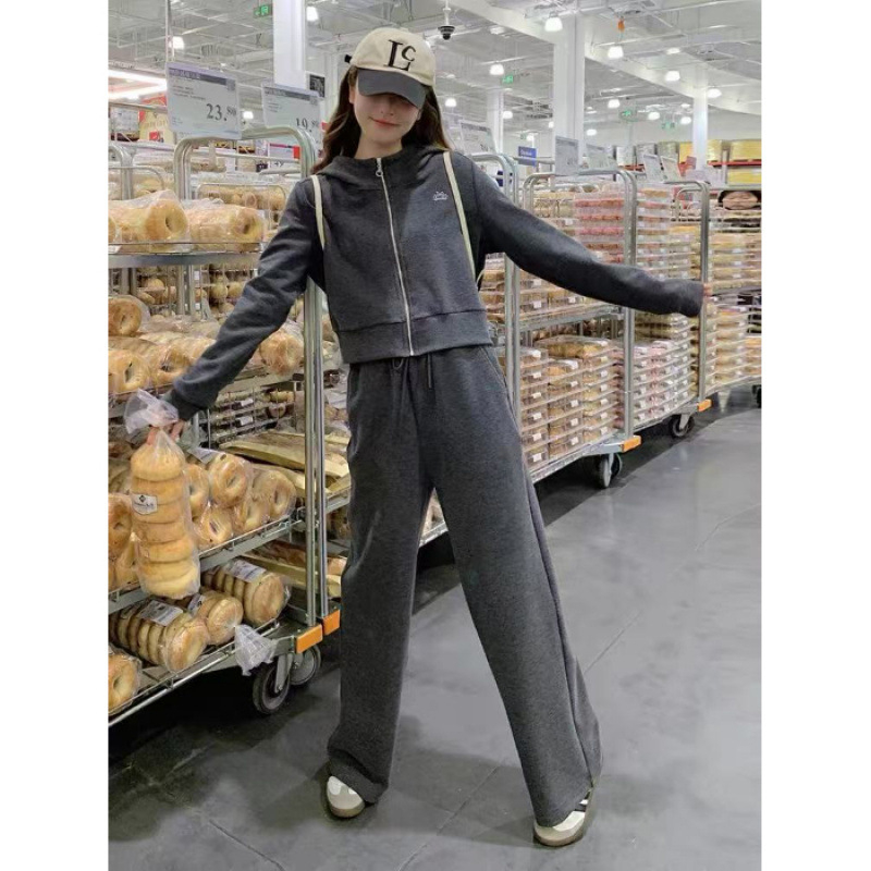 Ženski dvodijelni casual sportski komplet s kapuljačom-kardiganom i ravnim hlačama, poliester 90–95%, 3/4 rukavi