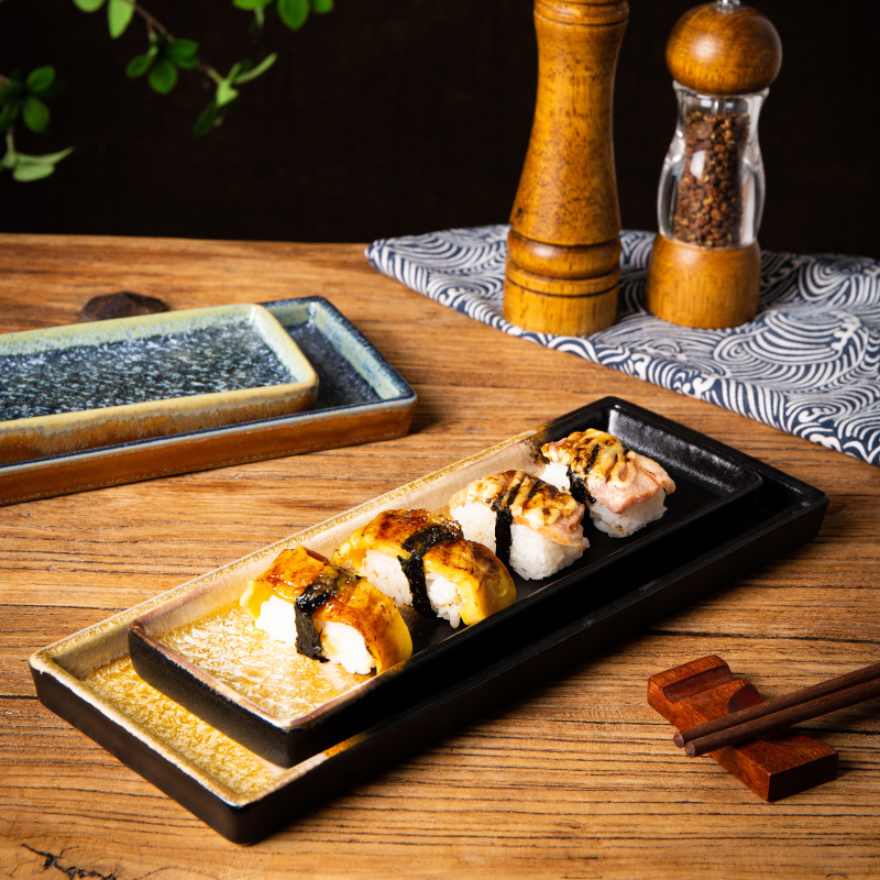 Porcelanska pravokutna pločica za sushi, japanski stil, pogodna za hot pot i roštilj, razni uzorci, kompatibilna s mikrovalnom pećnicom, mogućnost tiskanja logotipa.